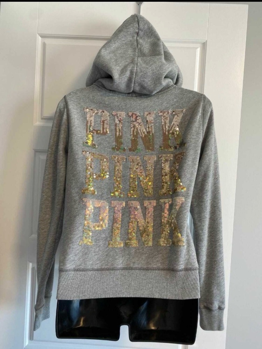 PINK Victoria's Secret Gray Zip-Up Hoodie with Gold Gradient Logo